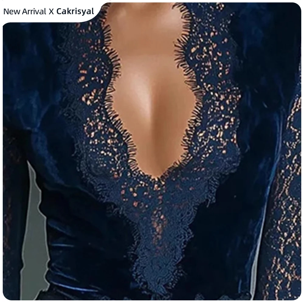 Robe de soirée mi-longue en velours et dentelle pour femme, style vintage, col montant, manches longues, moulante, pour cocktail et soirée formelle, Vestido