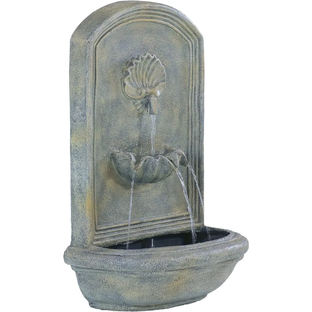 Seaside 27-Inch Polystone Solar Wall Water Fountain with Battery Backup - French Limestone