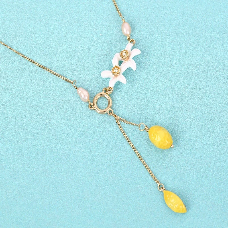 Fashion Rural Style Gold Plated Handpainted Enamel Lemon Fruit Leaf Tassels Pink Flower, Natural Pearl Y Shaped Chain Necklace