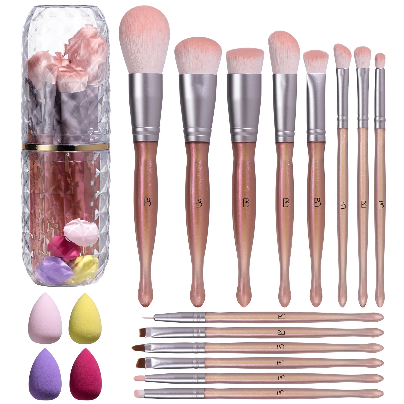 14-Piece Orange-Pink Makeup Brush Set Water Drop Beauty Tool Kit for Face And Eye Application