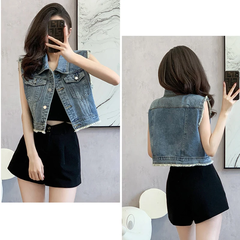 American Retro Sleeveless Vest Jeans Tops Woman 2024 Summer Steetwear Short Denim Waistcoat With Tassels