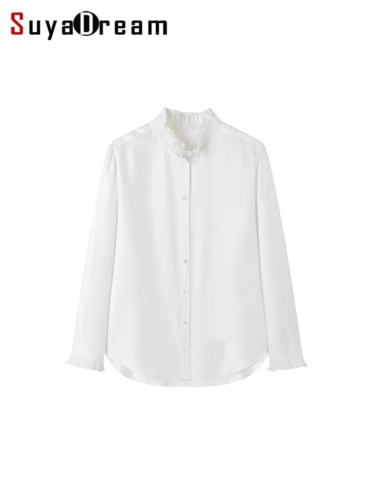 SuyaDream, Women Solid Shirts, 100%Real Silk, Ruffles Stand Collar, White Blouses, 2024 Spring Summer Office Lady Top