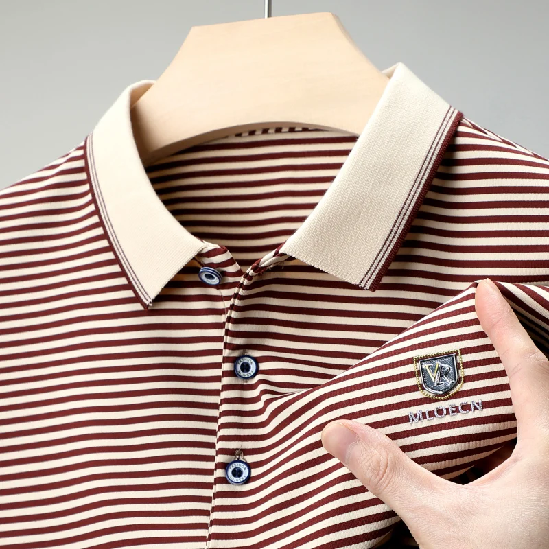 Polo informal de negocios para hombre, camisa de manga corta, transpirable, versátil, a la moda, solapa de escudo, a rayas, Top, tendencia de verano