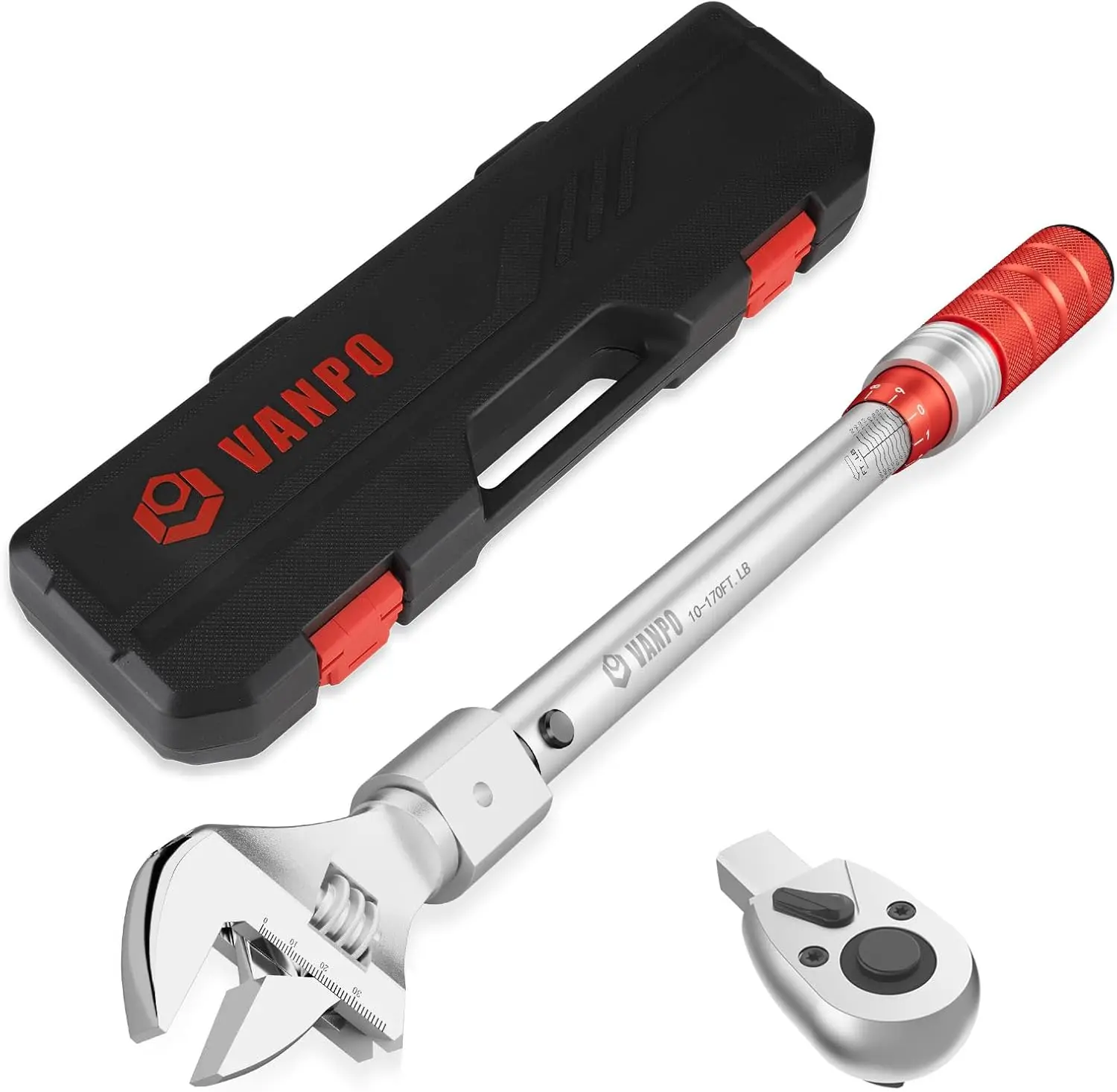 

1/2 Inch Drive Adjustable Torque Wrench, 10-170 Ft.Lb/13.6-230.5 Nm, with Interchangeable Jaw & Ratchet Head for HVAC, Car, Moto