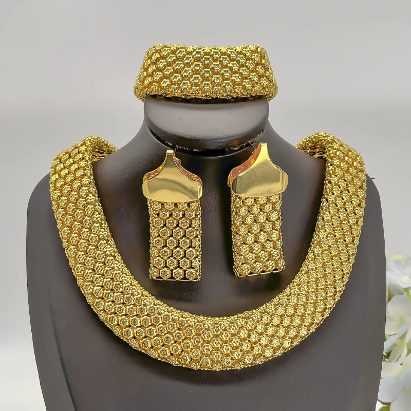 African 22k Fashion Women Necklace Earrings Set Gold Plated Exquisite Jewelry Nigeria England Bride Jewelry Wedding Party Gifts