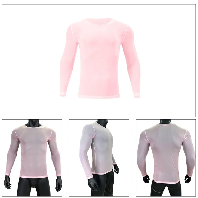 Men's Sexy Transparent Mesh Undershirts Underwear Male Gay Long Sleeve T-shirts Tops Slim Fitness Gym Bodybuilding Homewear