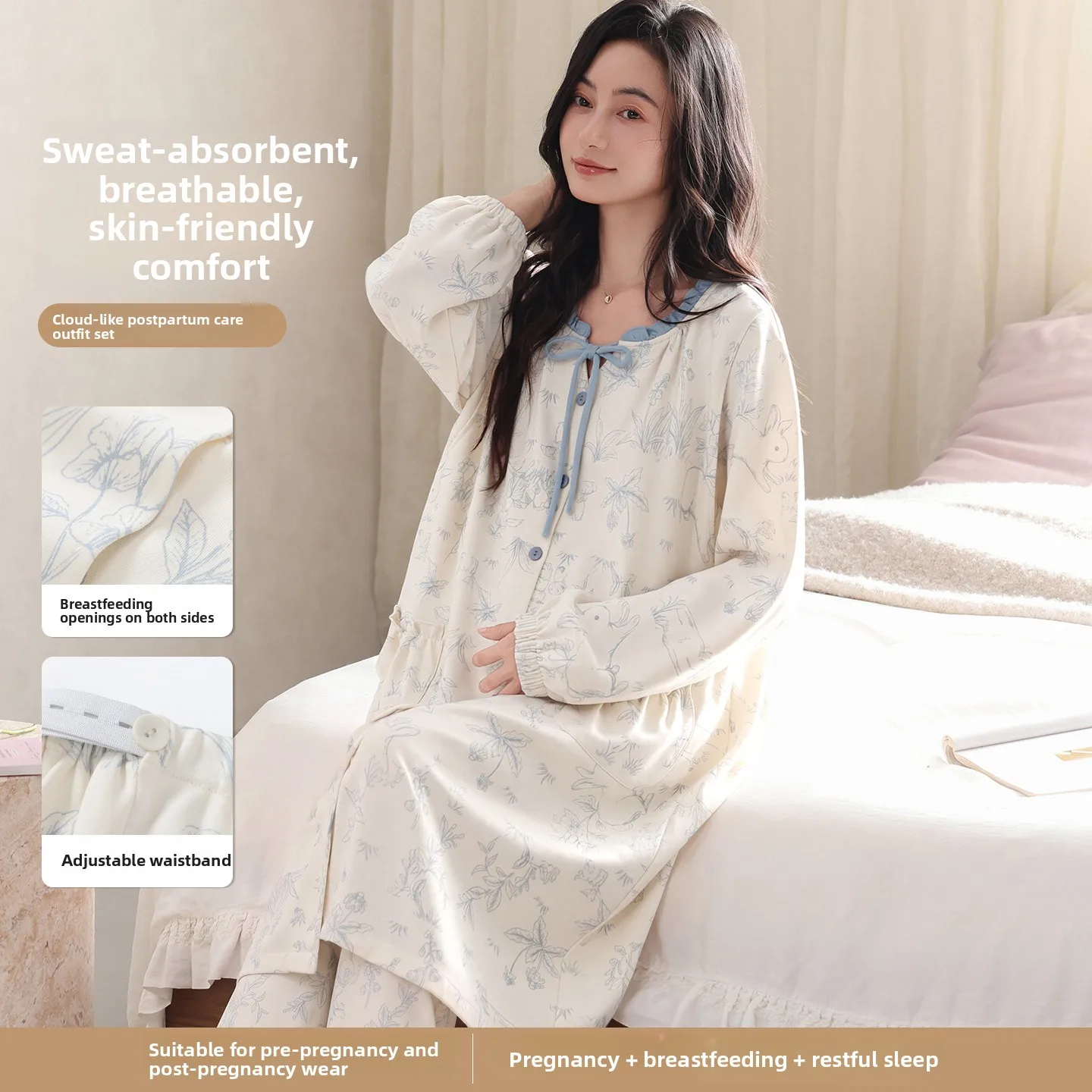 pure-cotton-sleepwear-set-adjustable-sleeve-maternity-clothes-breastfeeding-long-sleeve-nightgown-set-for-postpartum-women