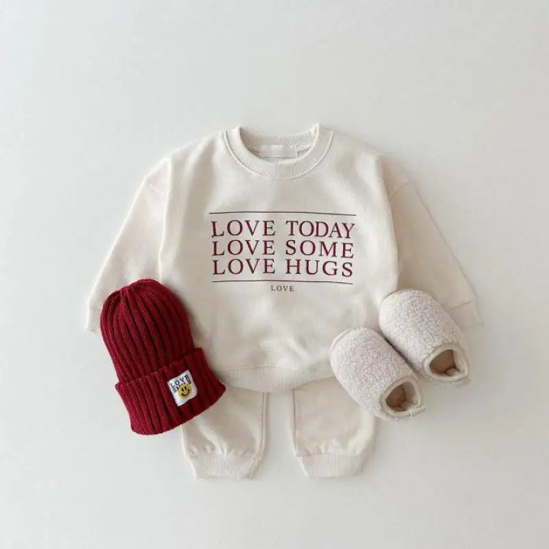 Autumn Children Letter Print Fashion Sweatshirt Set Boy Girl Baby Cotton Long Sleeve Tops+ Solid Pants 2pcs Kid Casual Tracksuit