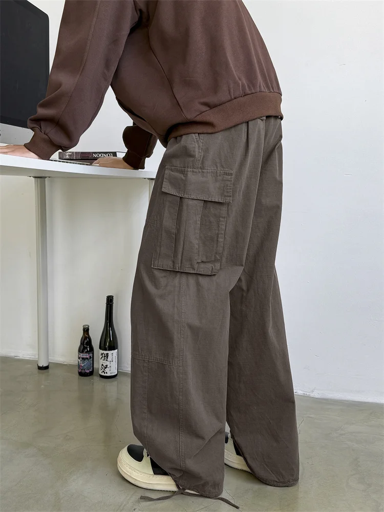 

Retro Brown Work Pants Men's American Casual Lazy Trendy Brand Japanese Dstring Pure Cotton Waed Wide Leg Pants