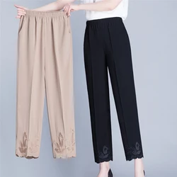 Women's Summer Chiffon Pants New Fashion Embroidery Elastic High Waist Straight Trousers Female Loose Casual Ninth Pants 5XL 6XL