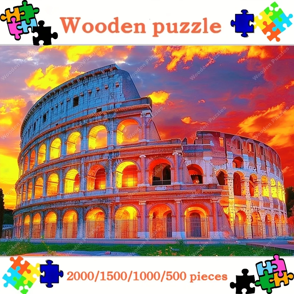 2000/1500/1000/500 piezas Coliseo Puesta de sol Rompecabezas de madera para adultos - Arte histórico de Roma de primera calidad, colores vibrantes,