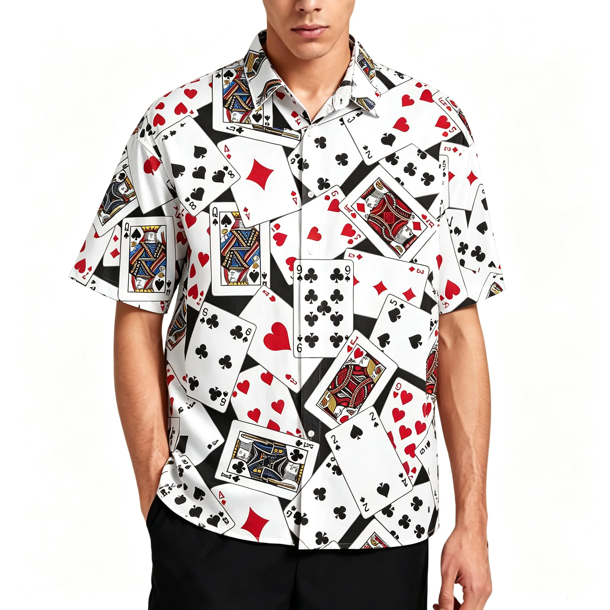 Men's casual short sleeved printed collar button down shirt, loose fitting shirt, men's summer casual wear