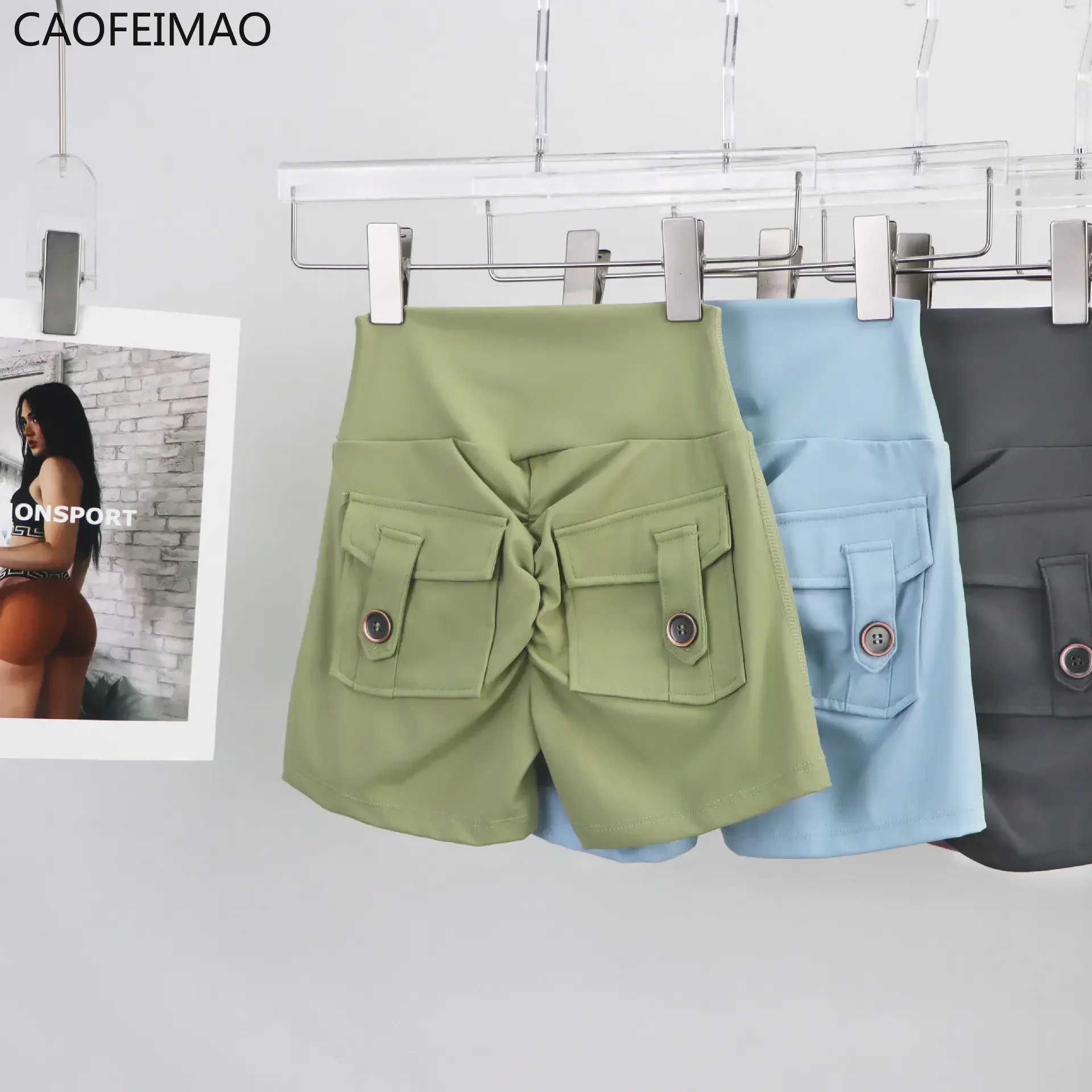 Caofeimao Shorts Women Sport with Pocket Buttocks Fitness Workout High Waist Tights Leggings Push Up Cycling Shorts Gym Clothing