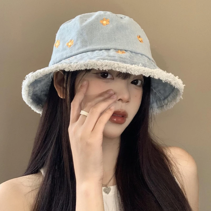 Cute Flower Embroidered Denim Bucket Hats Women Summer Outdoor Leisure Sun Protection Retro Rough Edge Harajuku Style Men's Cap