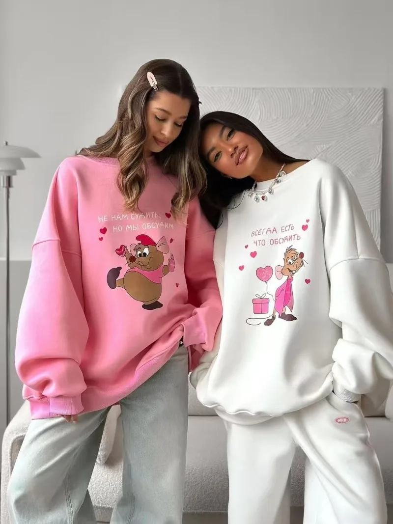 2025 겨울 여성 의류 패션 기품 있는 후드티 여성용 플러피 플리스 안감 루즈핏 달콤한 캐주얼 스레드 프린트