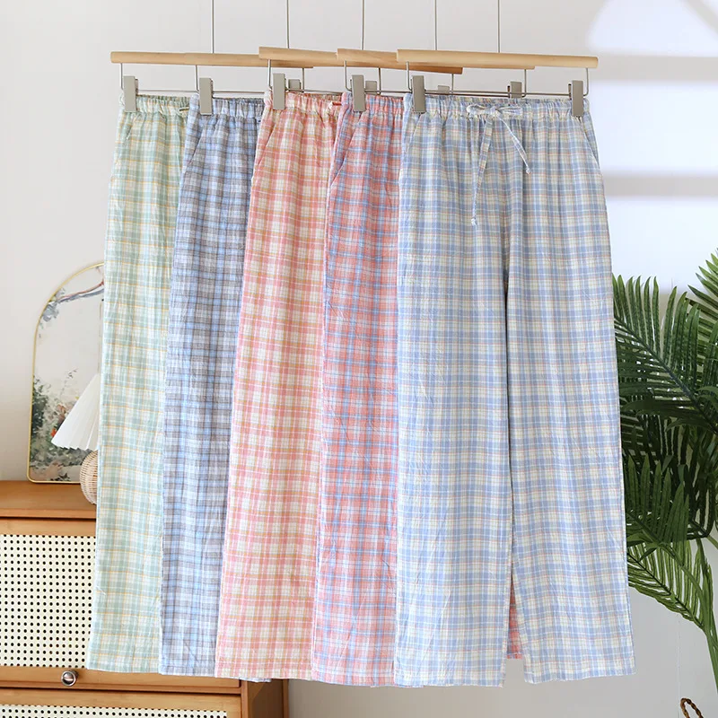 Calças de pijama de algodão puro para dormir roupa de dormir mulher quarto wear primavera verão novas calças xadrez soltas calças de pijama