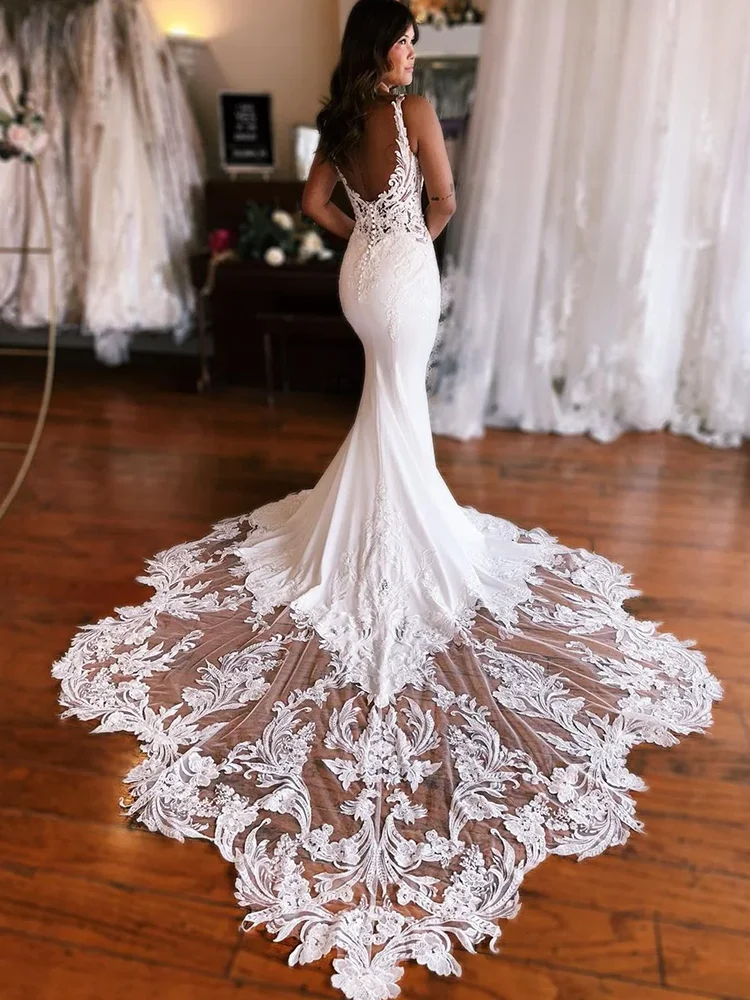 2024 Abiti da sposa con gonna a sirena Splendido abito da sposa con scollo a V cappella treno stile abito da sposa Aenyrst