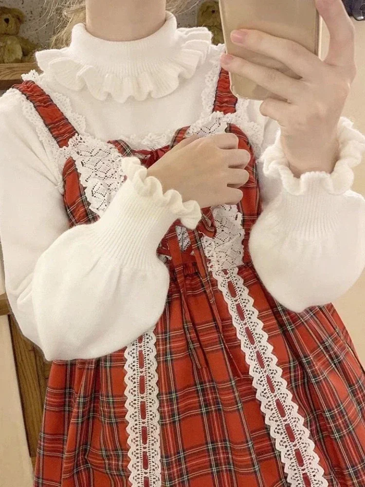 KOSAHIKI Maglione a collo alto con volant Kawaii da donna giapponese vintage morbido ragazza manica a lanterna carino maglione lavorato a maglia Lolita