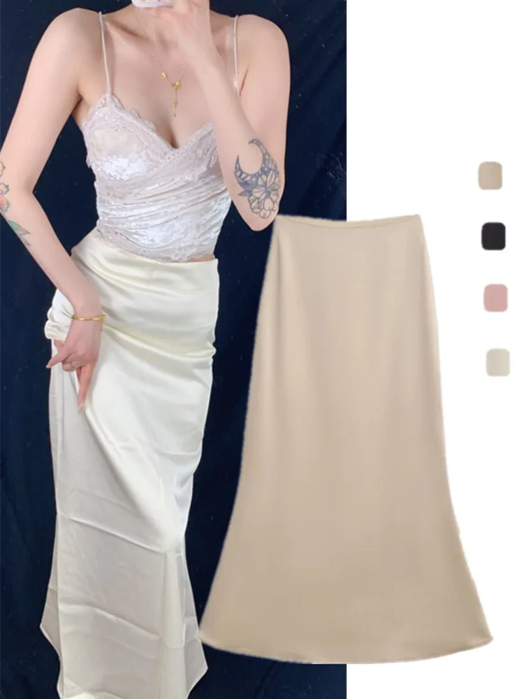 

Ele Vintage Silk Satin Fi Tail f Skirt Bodycon Slimming Drapey Color Street Sle High Waist Midi Skirt