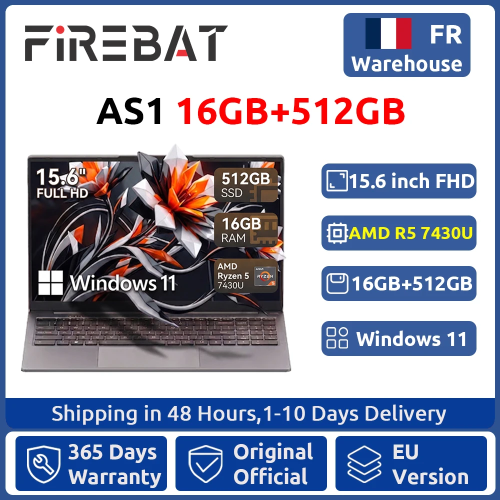 Firebat Laptop AS1 AMD R5 7430U 16GB DDR4 512GB SSD 15.6 Pollici Notebook Windows 11 Type-C WIFI6 Tastiera Retroilluminata a Grandezza Naturale