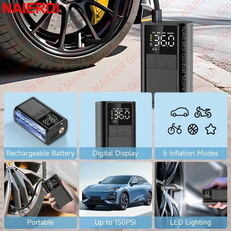 NAIERDI Wireless Smart Tire Inflator Portable Air Pump For Car Bike Tires 150PSI LED Display Air Inflator Electric Mini Pump