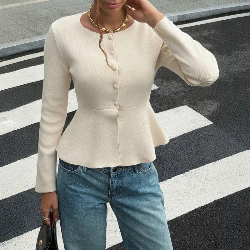 French Elegant Women Round Neck Knit Sweater Mermaid Hem Long Sleeve Pullover 2026 Autumn Winter Mature Fashion Knitwear Tops