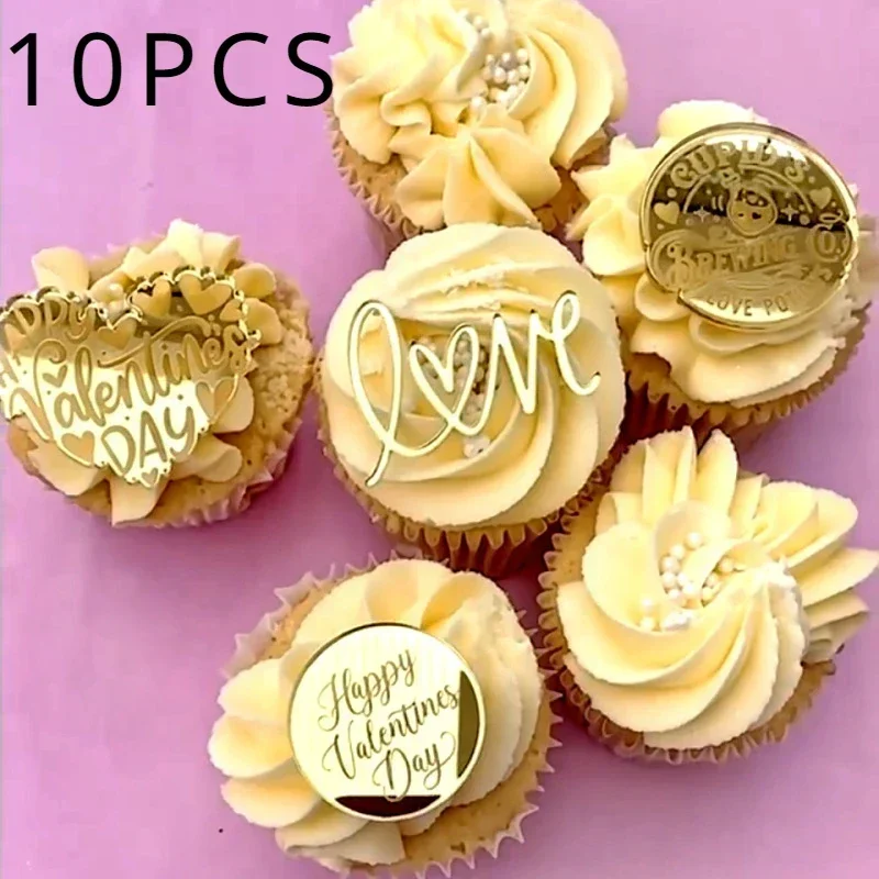 10pcs Add Romance with Acrylic Heart Gold Valentines Cake Topper for Party and Wedding Decor Supplies Baking Decorating Tools