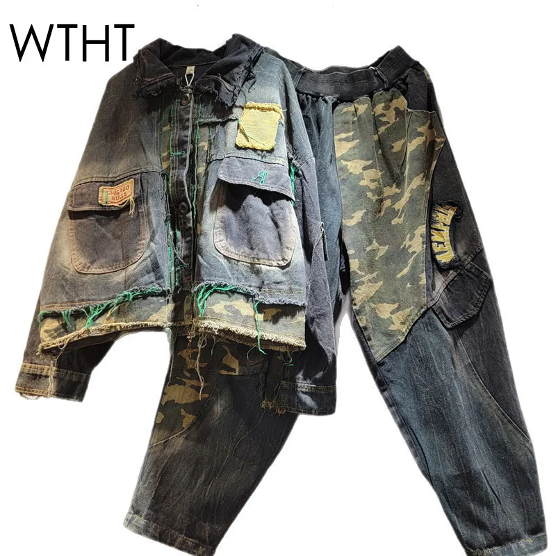 

WTHT New Fashion Women's Patchwork Camouflage Do Old Denim Jacket Elastic Waist Harem Jeans Female 2025 Autumn 1LS2462
