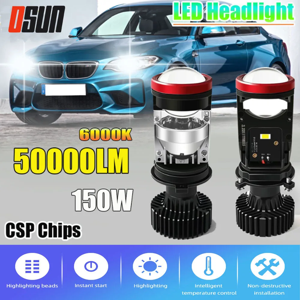 

150W Y7D H4 Super Bright LED Headlight Car H4 Mini Projector Lens 6000k 50000LM High Low Beam Turbo Fan Auto LED Car Light Lamp