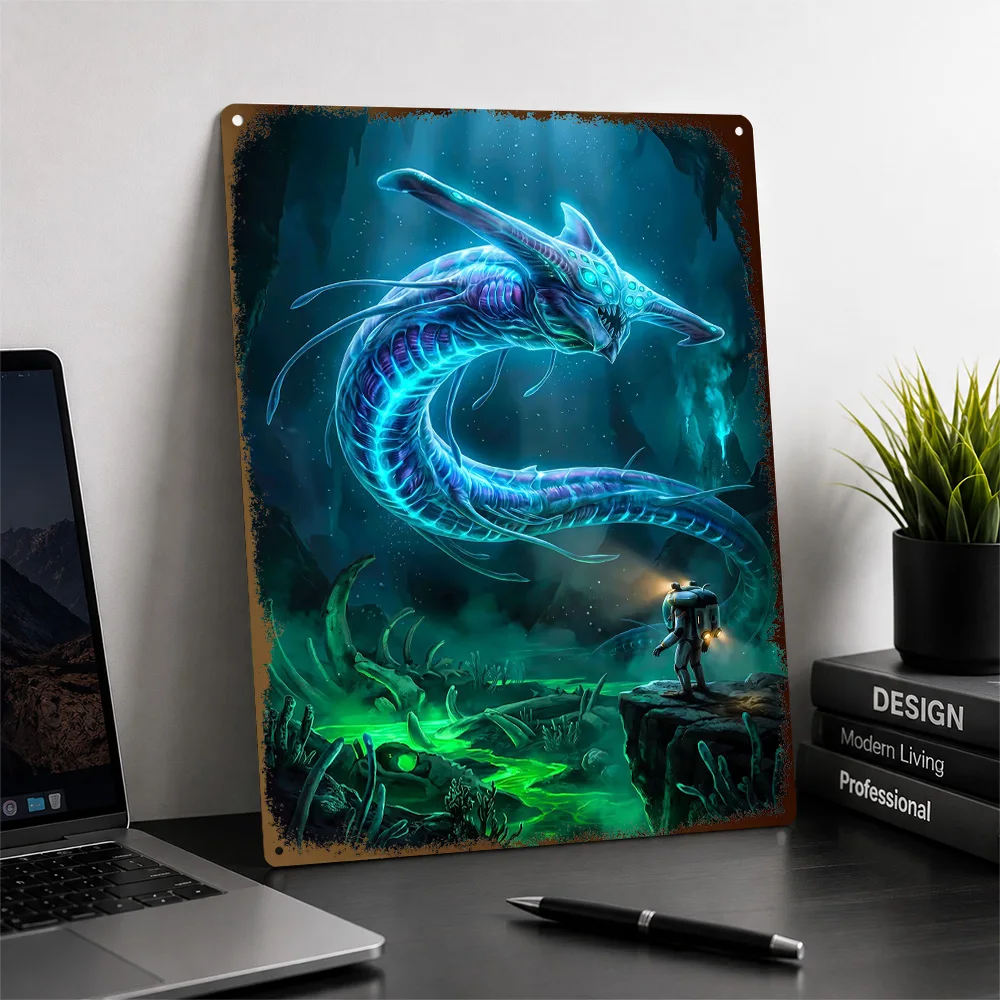 Subnautica Reaper Leviathan Encounter Aluminum Poster Illustrated Wall Art For Gaming Room Customized Metal Sign Birthday Gift
