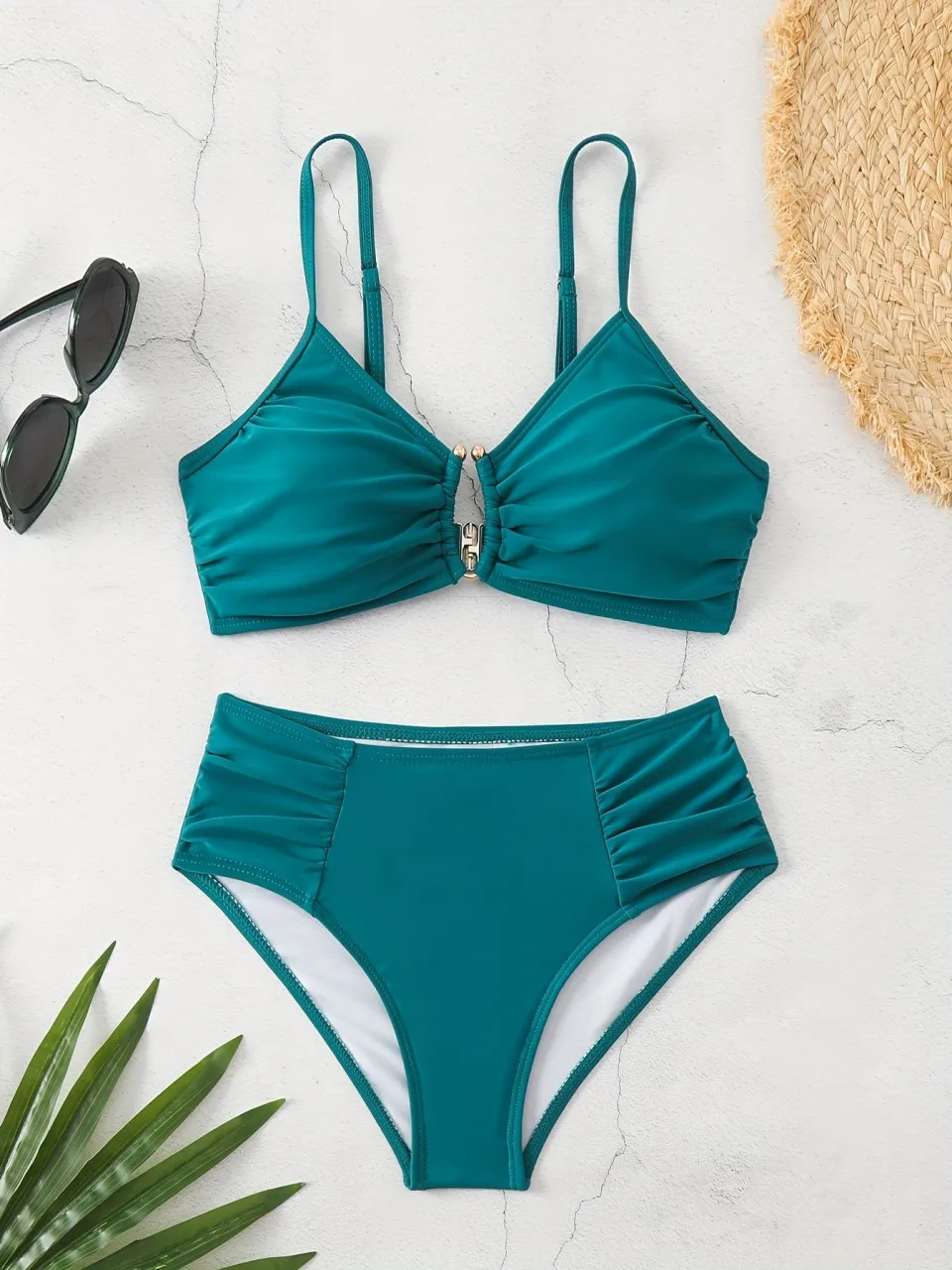 2026 Strappy حلقة مرتبطة بيكيني هدب مثلث ملابس النساء الصلبة ملابس السباحة الإناث الاستحمام لباس سباحة مبطن بحر #6