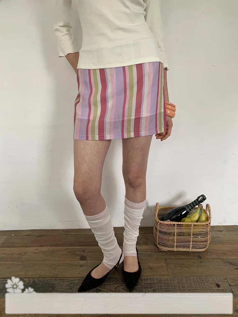 

Floral Raft NOTJUSTHIM Berry Pink Vertical Striped Print Half Skirt with Safety Pants A-Line Slim Fit Polyester Fiber Printed