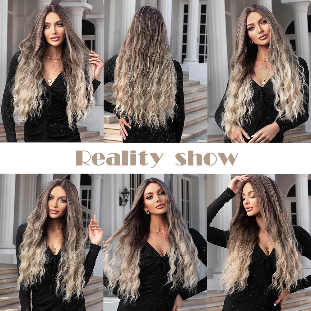 ALAN EATON Long Curly Wavy Synthetic Wigs for Women Brown to Blonde Ombre Hair Wig Ntural Middle Parted Party Wig Heat Resistant