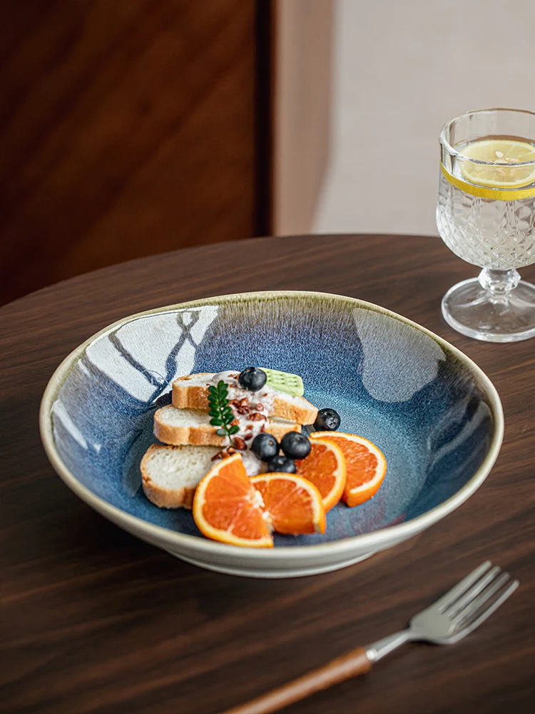 Premium 9 Inch Irregular Deep Salad Plate Ceramic Dinnerware for Restaurant Western Dishes