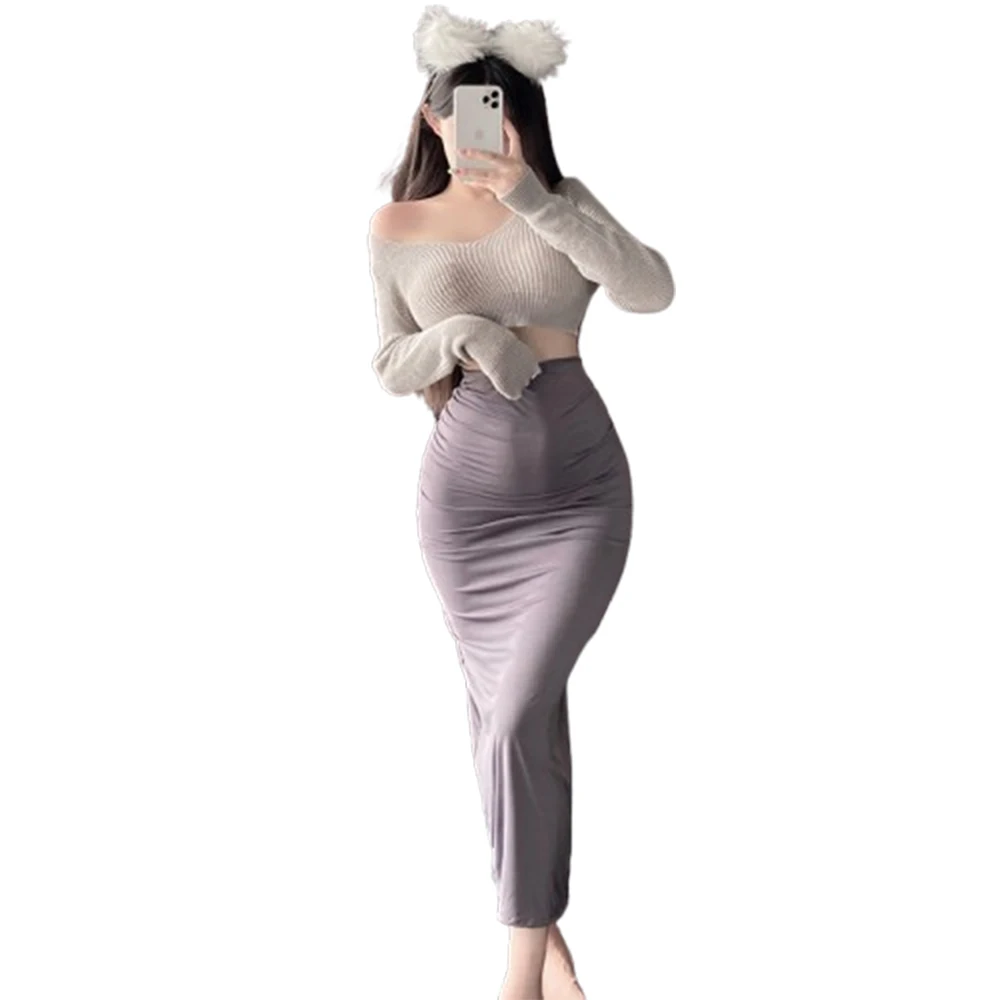 

Seductive Backless Lace-Up Dress Set, Sheer Knit Sweater & Bodycon Midi Skirt, Elegant Intimate Nightwear for Romantic Evenings