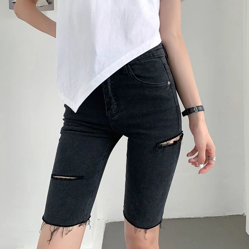 Hole Shorts Pants Women Summer Vintage Blue Skinny Denim Short Korean Fashion Casual Female Jeans Biker Shorts 2024