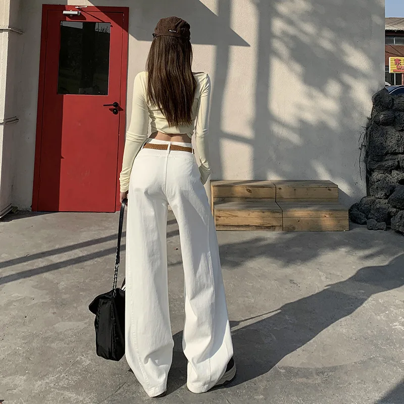아메리칸 스타일 화이트 아메리칸 레트로 워시 멀티 구조 스트레이트 와이드 레그 청바지 여성용 봄 새로운 패션 다목적 캐주얼