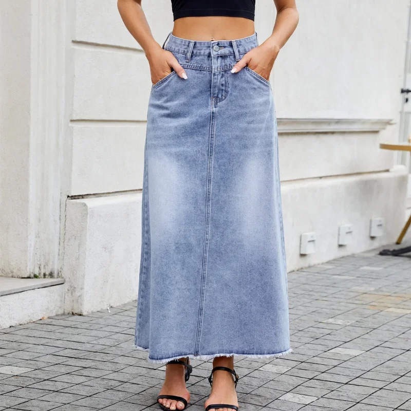 

New Style Foreign Trade European and American Spring/Summer New Amazon High-Waisted Denim Skirt Fashion Loose Pocket Midi Skirt
