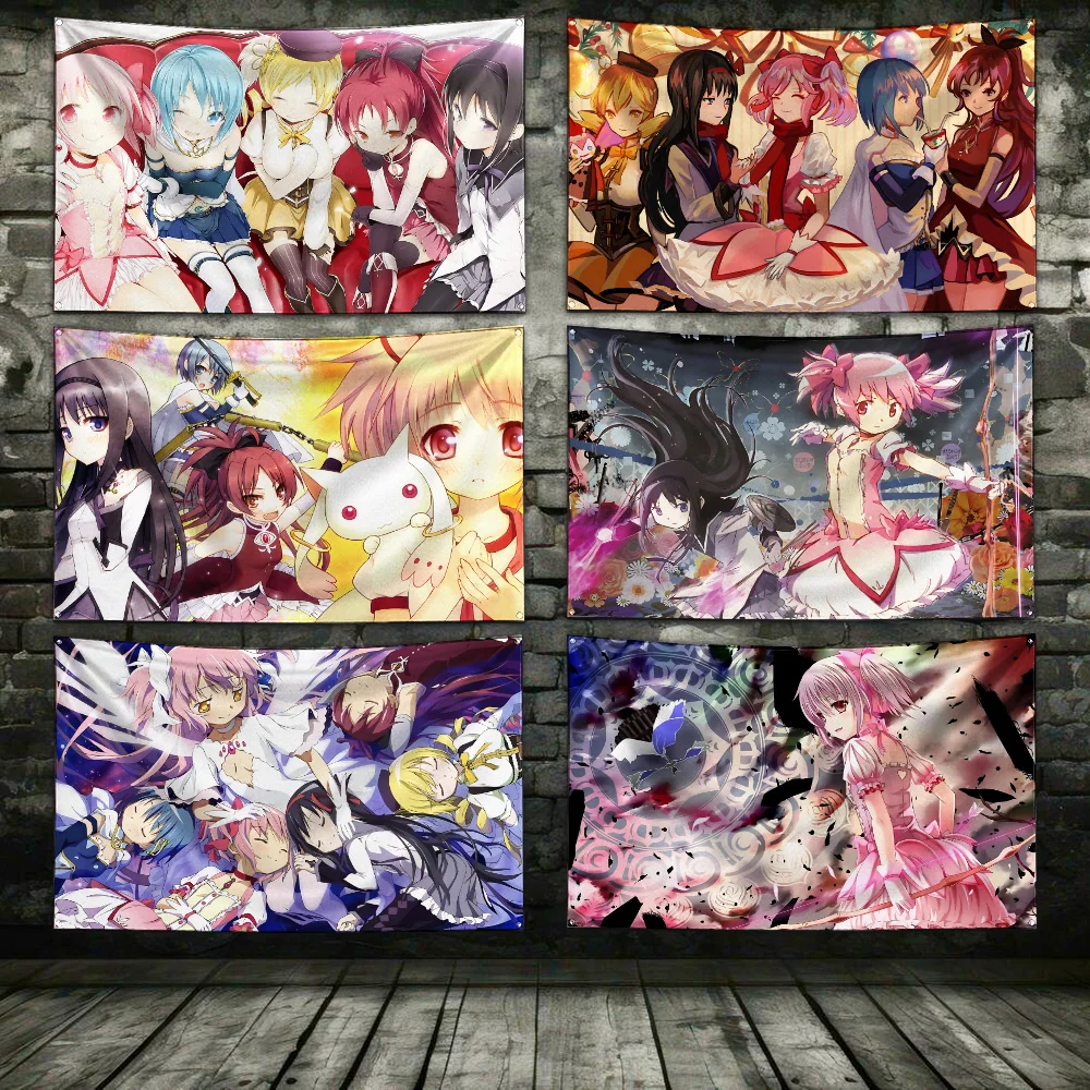 Puella Magi Madoka Flag Polyester Digital Printing Banner 4 Sizes for Garage Wall Art Out Door Decoration With Brass Grommets