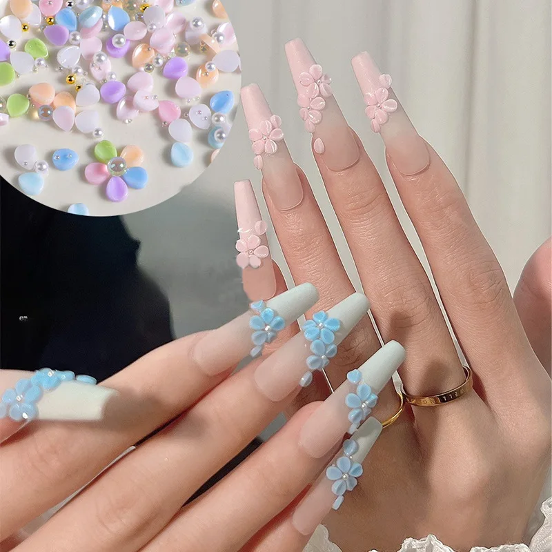 6 ألوان 150 قطعة/الحقيبة ثلاثية الأبعاد معكرون نحت البتلة مسمار الفن السحر الأبيض اللؤلؤ خرز ذهبي مسمار الملحقات اضغط على الأظافر زهرة الديكورات