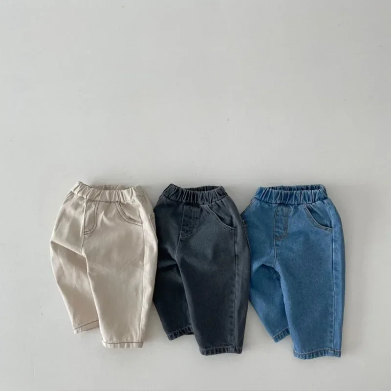 

2024 New Toddler Boys Casual Loose Denim Pants Girls Simple Jeans Kids Double Pockets All Match Loose Trousers Baby Solid Jeans