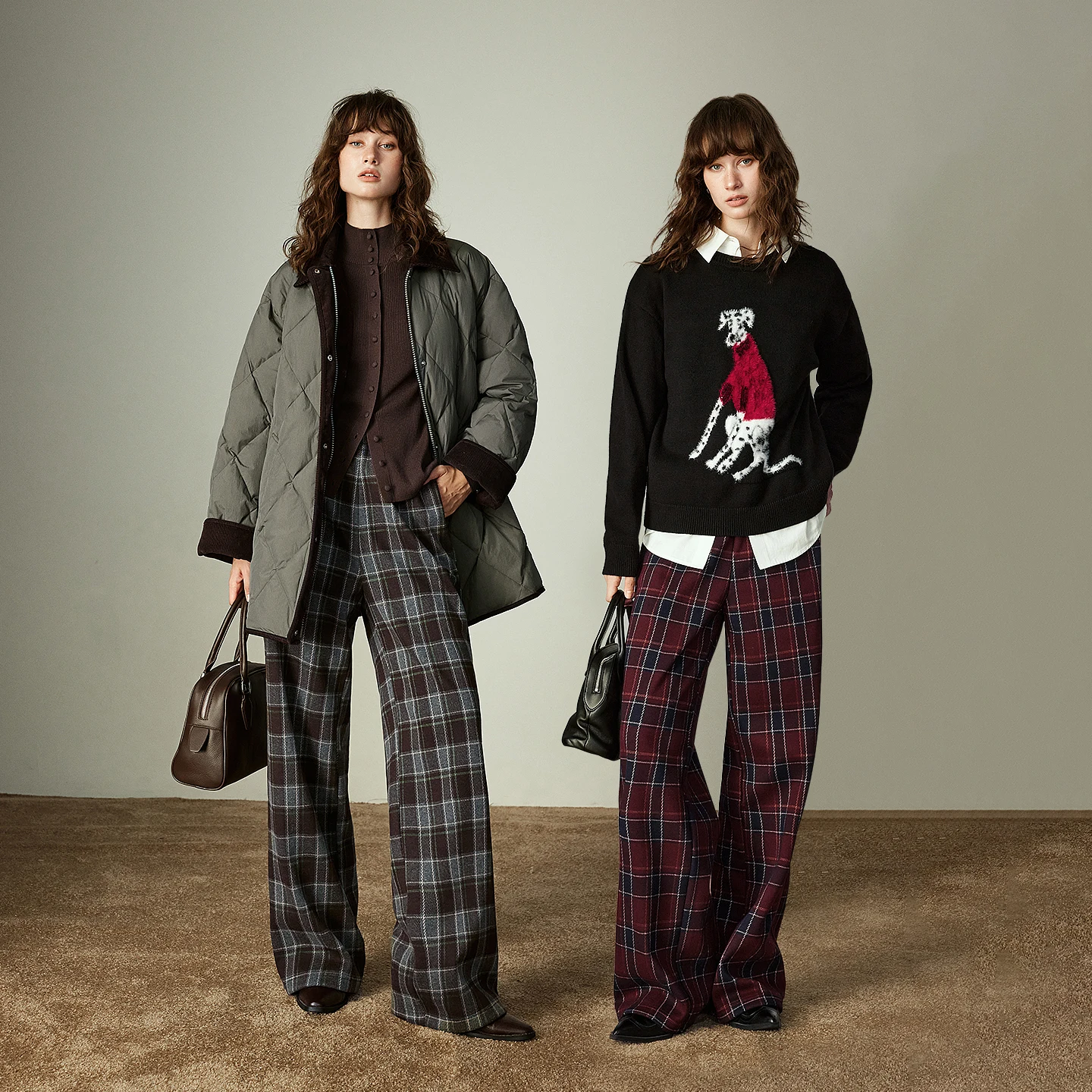 TOYOUTH dames wijde pijpen broek 2025, winter nieuwe vintage geruite fleece gevoerde luie ontspannen pasvorm elastische taille casual broek