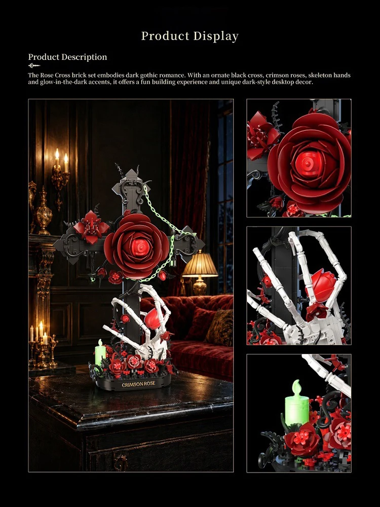 Idea Leuchtender Baustein Kreuz-Totenkopf Rote Rose Spielzeug Blume Skeletthand Konstruktions-Baustein-Modell Sammlerstück Schreibtischdekoration – Detail 2