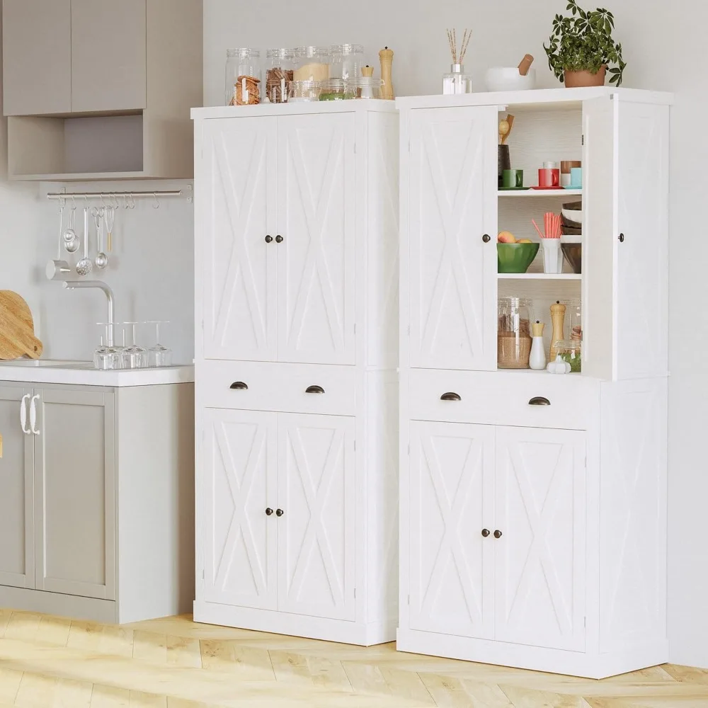 Kitchen Pantry Storage Cabinet 72.6" H, with Barn Doors, Drawer, 4 Adjustable Shelves, Freestanding Cupboard for Dining Room