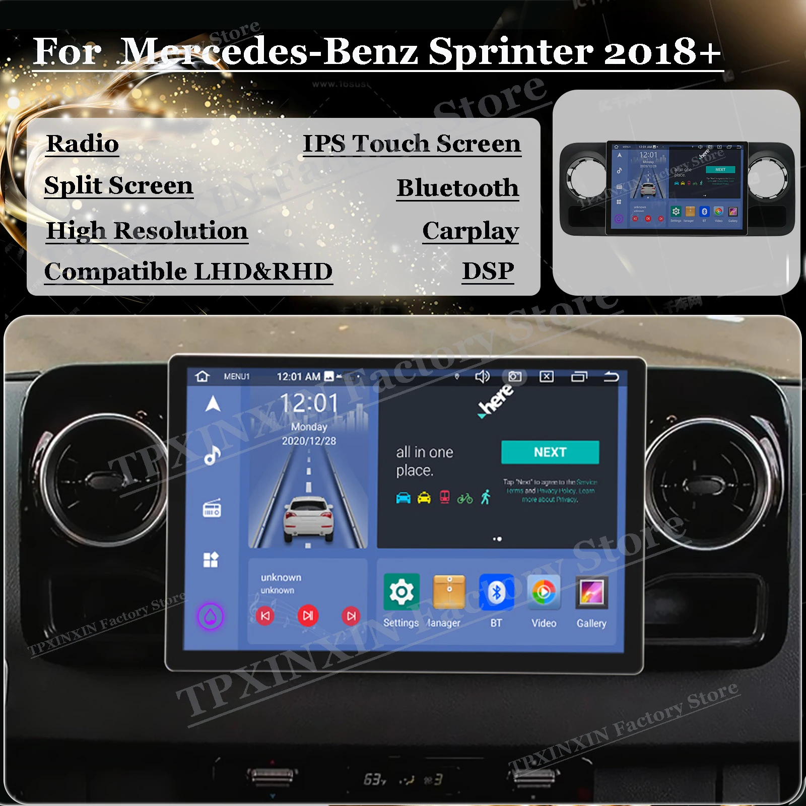 

13,3 дюймовый автомобильный мультимедийный плеер Android 12 для Mercedes-Benz Sprinter 2018 2019 2020 2021 2022 GPS-приемник IPS