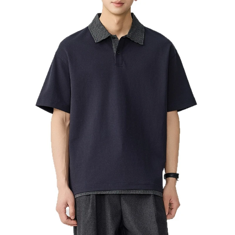 Retro Trendy Brand Fake Two-piece Splicing POLO Shirt Men's Summer New Loose Casual Shoulder Short-sleeved Top