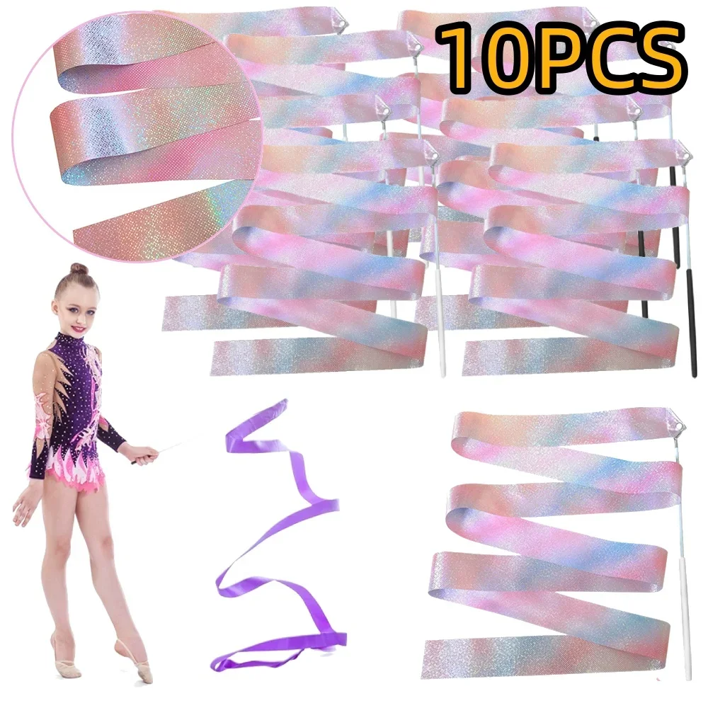 Cintas de gimnasio con estrella intermitente, cinta de baile, arte rítmico, gimnasia, Ballet, varilla giratoria, palo de arco iris, entrenamiento, 2M/4M, 1-10 Uds.