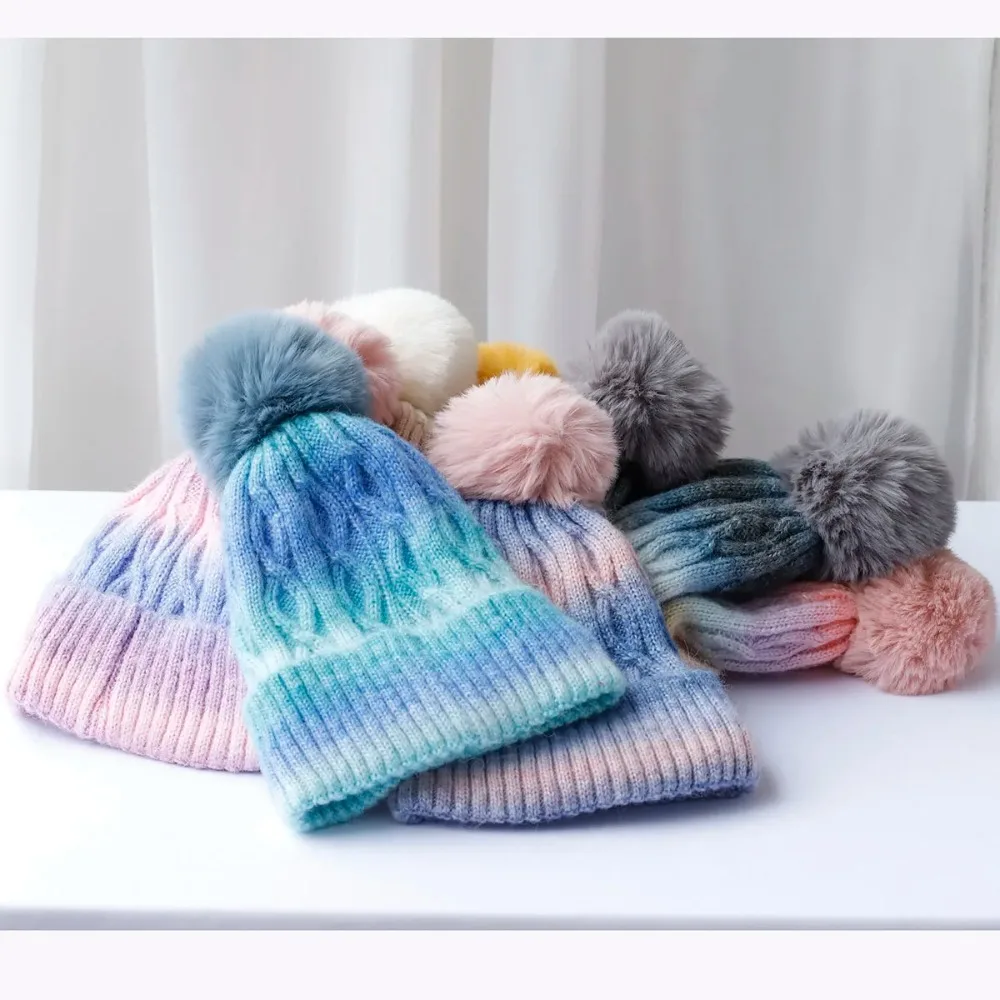 Cute Thickened Beanie Hat with Faux Fur Pompon Ball Gradient Striped Pattern Knitted Hat Keep Warm Ski Cap