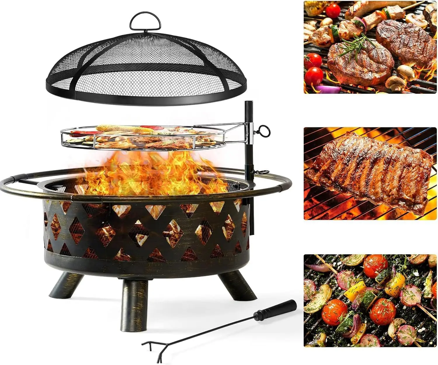 Fire Pit 30in with Grill Outdoor Wood Burning 2 in 1 Fire Pit with Fire Poker (Black)