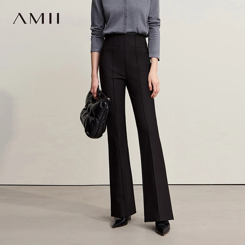 

Amii High Waist Flare Pants 2025 Winter New Versatile Warm Pleated Casual Trousers Women's Black Knitting Women's Pants 12544143